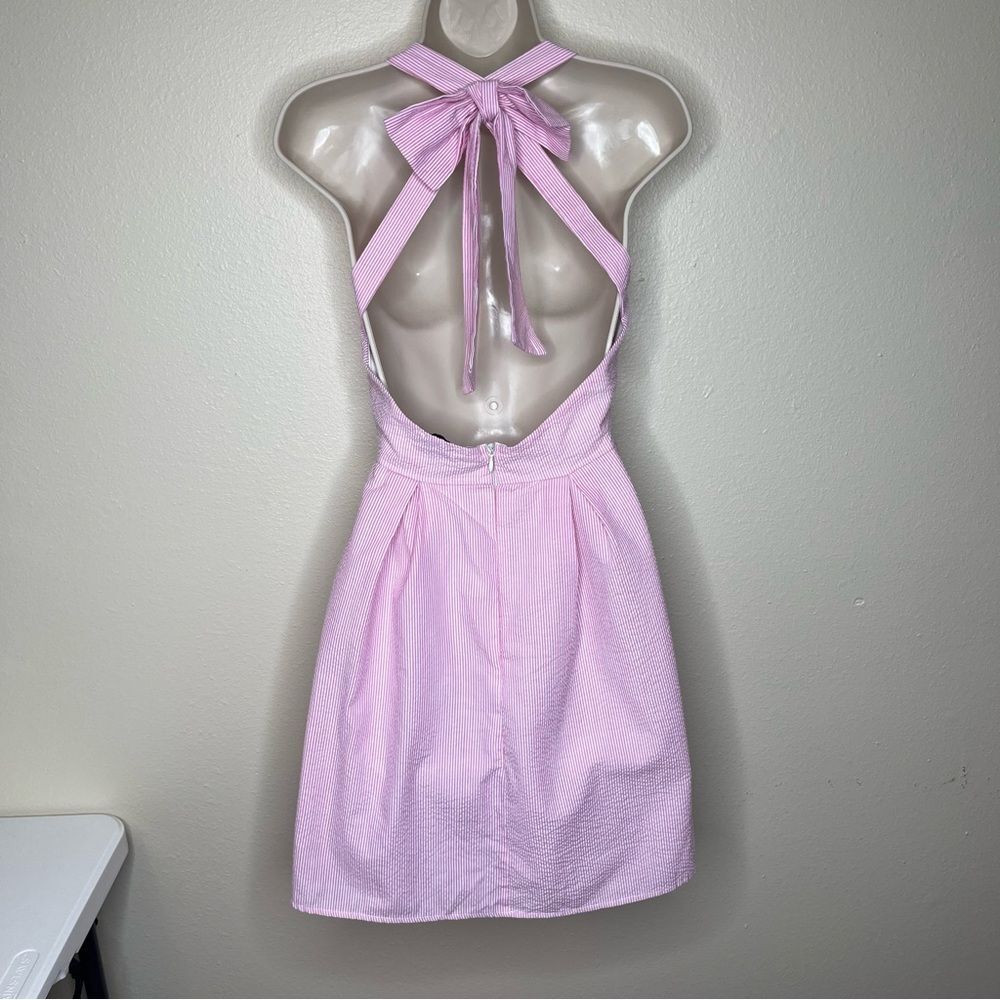 Christian Caliendo Pink White Stripe Seersucker Halter Bow Dress Women Small - Picture 8 of 16
